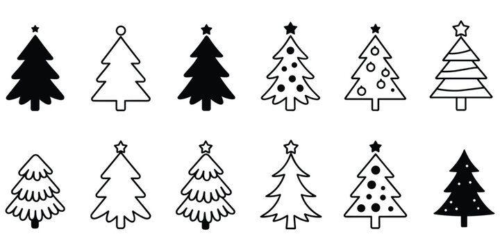 Collection of black and white Christmas tree icons with stars and ornaments Keywords: christmas tree, xmas tree, evergreen, pine