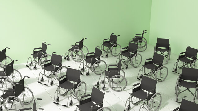 Empty wheelchair group in a green medical storage room