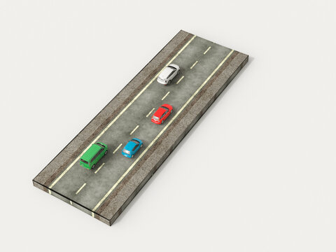 Colorful cars drive on an isolated road segment in a 3D rendering