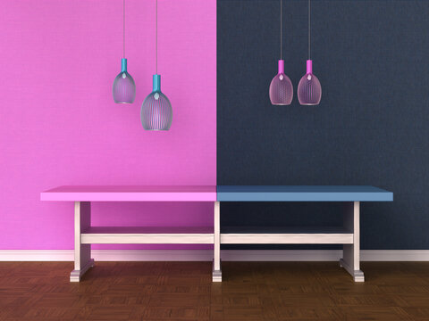 An empty room features contrasting pink and blue walls with a table