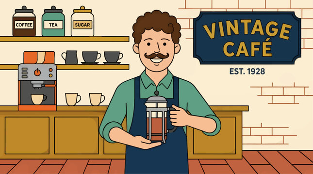 Friendly Flat Vector Barista Holding French Press in Vintage Cafe with "Vintage Cafe Est. 1928" Sign, Coffee Machine and Jars on Shelves