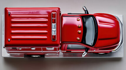 Naklejka premium Top view minimal red ambulance toy vehicle on reflective platform for emergency transport background and product banner