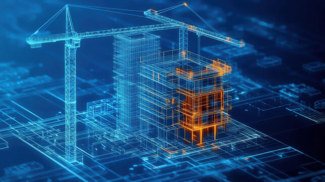 construction building information modeling bim concept with 3d model and blueprints vector illustration