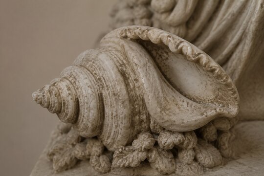 Close-up of a weathered classical Greek sculpture of a conch shell.