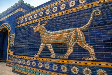 Fototapeta premium Reconstructed wall with glazed bricks depicting a patterned mythical beast.