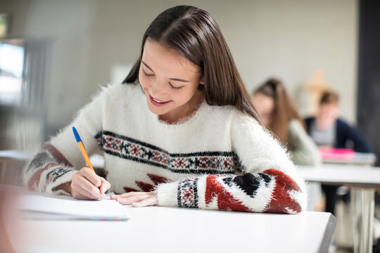 Smiling teenage girl writing in exercise book in class