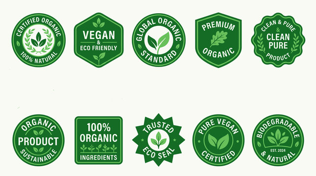 Organic Certification Badge Logo Set Vector Illustration with Minimalist Green Vegan, Eco and Natural Product Labels Collection