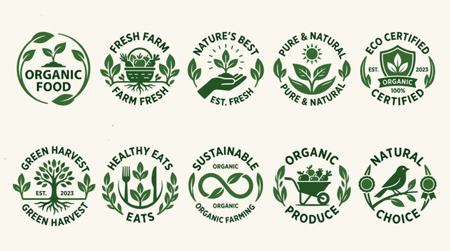 Eco Lifestyle Certification Badge Vector Collection with Organic Food Logos, Sustainable Quality Seals, and Botanical Green Product Emblems