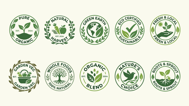 Elegant Organic Certification Badge Vector Set with Eco Product Seals, Botanical Quality Logos, and Sustainable Nature Emblems