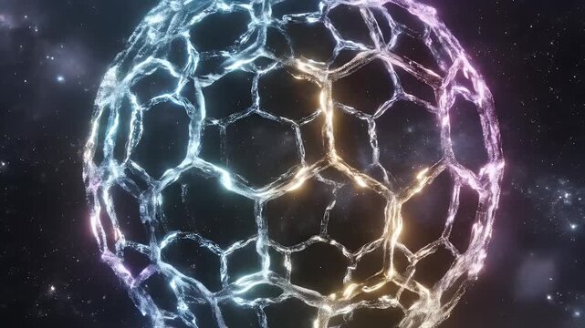 Abstract Glowing Hexagonal Sphere in Space - A mesmerizing abstract sphere composed of interconnected glowing lines and hexagonal structures floats in the vast expanse of space.
