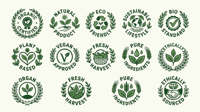 Eco Certification Badge Vector Collection with Organic Quality Seals, Sustainable Product Logos, and Green Botanical Branding Icons