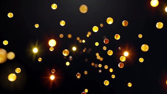 Animation golden bokeh particles floating in dark background.