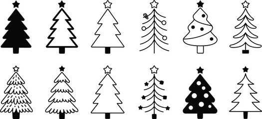 Fototapeta premium Set of black and white Christmas tree icons with ornaments and stars Keywords: christmas tree, xmas tree, evergreen, pine, fir