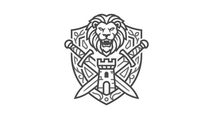 Obraz premium Modern Black and White Heraldic Lion Shield Emblem with Castle and Crossed Swords with high quality professional line art symbols for modern creative design and digital branding projects