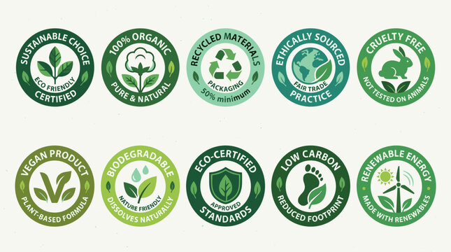 Eco Certification Badge Logo Set Vector Illustration with Minimalist Green Sustainability Seals, Organic Labels and Environmental Emblems