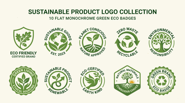 Sustainable Product Logo Collection &ndash; 10 Flat Monochrome Green Eco Badges and Seals