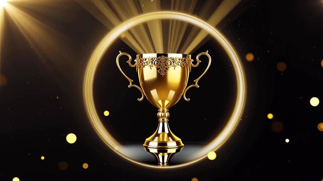 Realistic luxury golden cup trophy with radiant golden particles.