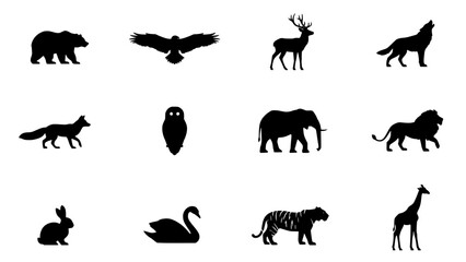 Obraz premium Animal Silhouettes Collection in a Grid Pattern with Various Wildlife Shapes and Black Vector Icons for Design