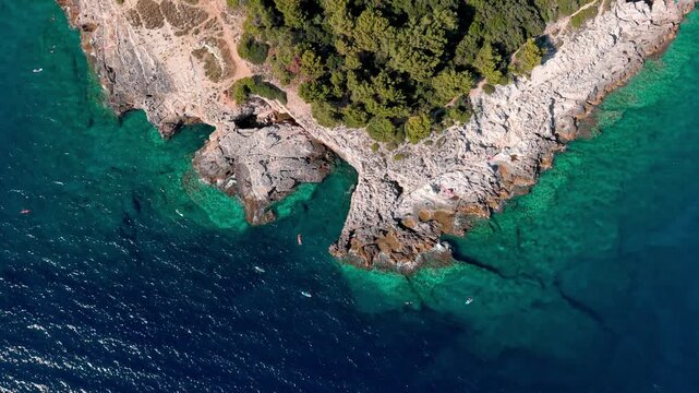 Top-down aerial drone footage capturing the rugged limestone cliffs, pine forest, and crystal-clear turquoise waters surrounding Galebove stijene near Pula, Croatia