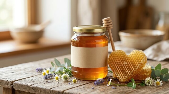 Glass honey jar with blank label next to a heart-shaped honeycomb and wildflowers