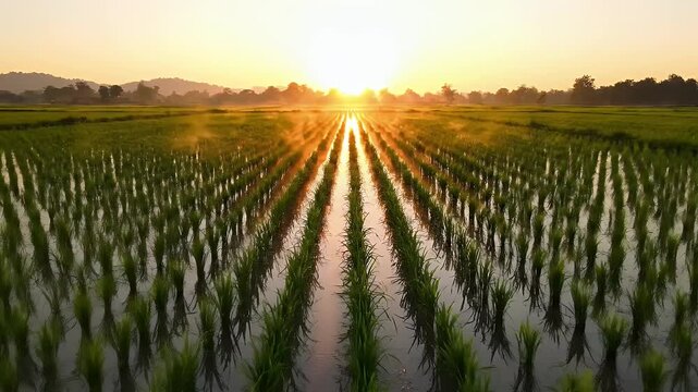 Golden Sunrise Over Serene Paddy Field with Young Rice Plants - The golden rays of the rising sun illuminate a tranquil paddy field, casting long shadows and reflecting on the water between perfectly