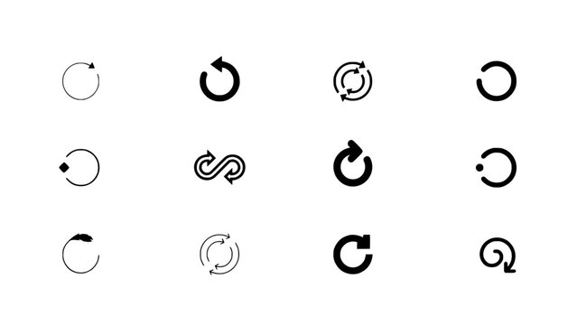 Circular Arrow Icons Arranged in a 4x3 Grid, Featuring Clockwise and Counterclockwise Rotation Symbols in Vector Style