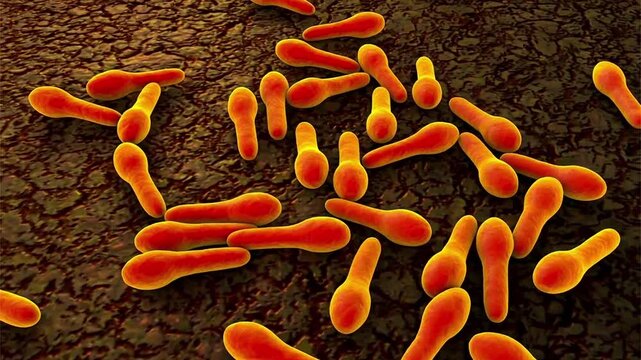 Clostridium bacteria, 3D animation showing rod-shaped obligate anaerobic bacilli with endospore formation in varying positions within the cell, demonstrating characteristic clostridial morphology.