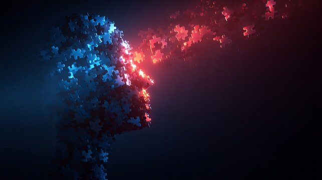 Abstract human head formed from puzzle pieces, split into blue and red tones, representing duality, conflict, and complex decision-making processes.