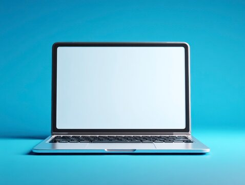 A modern silver laptop with a blank white screen placed centered against a solid bright blue background, studio lighting.