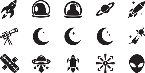 Space Exploration and Astronomy Vector Silhouette Icon Set with Rocket, Astronaut, and Planets © KETO T-Shirt Design