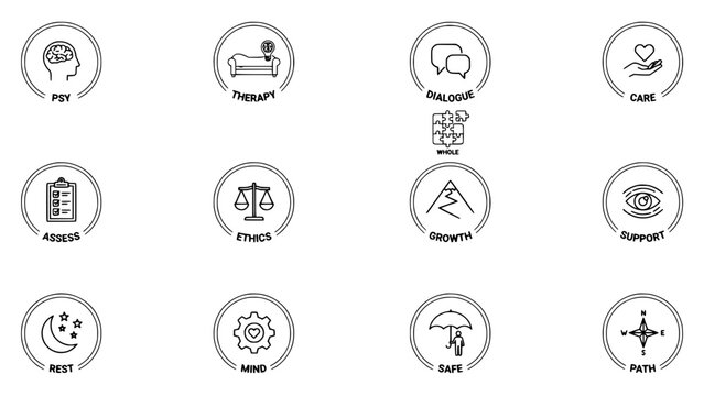 Icons Representing Mental Health and Wellness Concepts Arranged in a Grid Featuring Icon, Psy, Therapy with Dialogue and Care