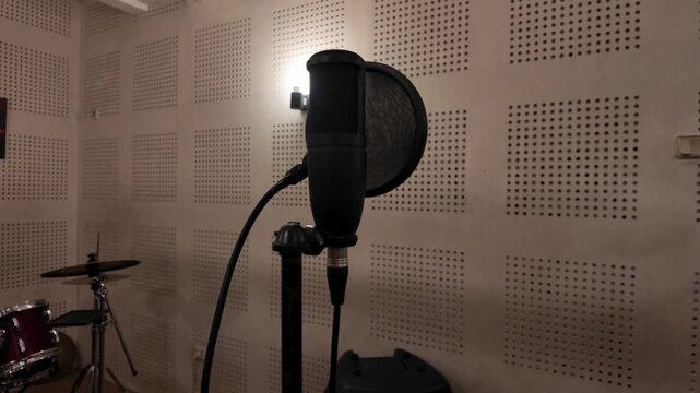 Professional studio microphone with pop filter ready for audio recording and voiceover work