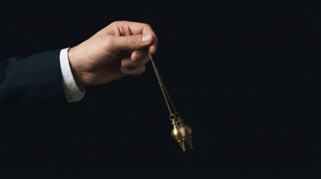 Hypnotic pendulum swinging in hand of businessman with dark background creating mysterious and focused atmosphere