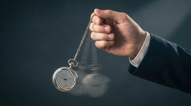 Hypnotic pocket watch swinging on chain held by hand in suit, creating blurred motion effect with spiral pattern
