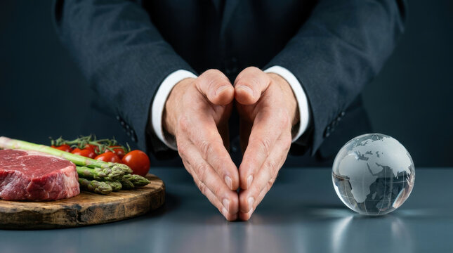 Hands blocking fresh raw meat asparagus and tomato on wooden board with glass globe on table, symbolizing food protection and sustainability