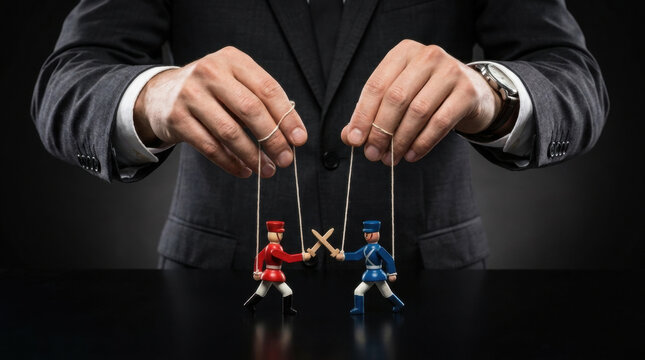 Man controlling two wooden puppets with strings, symbolizing manipulation and control in business or conflict