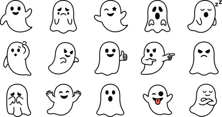 Fototapeta premium Happy Halloween Set of cute ghost emojis with different emotions Vector