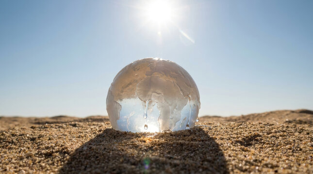 Melting earth globe on sandy desert under bright sun, symbolizing climate change and global warming impact on environment
