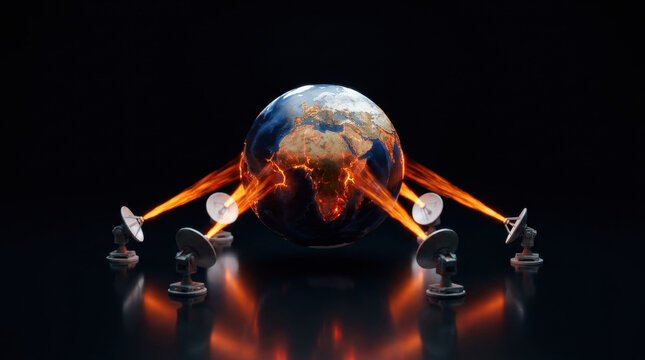 Miniature earth burning heat rays with satellite dishes emitting fiery beams, symbolizing global energy or communication impact