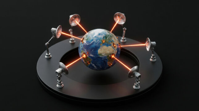 Miniature earth model surrounded by satellite dishes emitting heat rays, symbolizing global communication and energy transfer concept