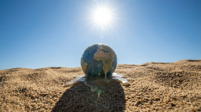 Melting earth on sand under bright sun with clear blue sky, symbolizing global warming and environmental crisis in desert landscape