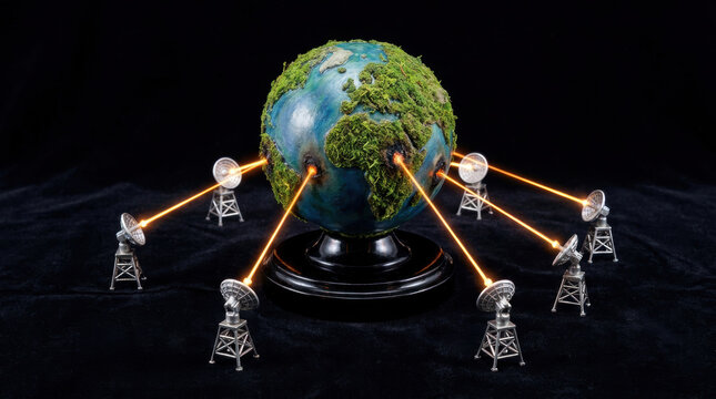 Miniature earth burning heat rays with satellite dishes targeting globe covered in moss on black background