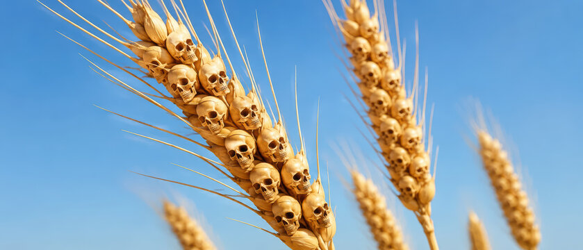 Wheat spike with human skulls replacing grains under clear blue sky, surreal and eerie concept of harvest and mortality