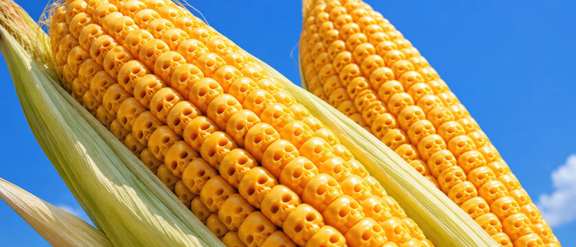 Corn cob with kernels shaped like skulls under clear blue sky, creating spooky and unusual agricultural close up image