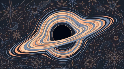 Black Hole Cosmic Phenomenon with Accretion Disk in Flat Vector Illustration, Stylized Stars and Celestial Clouds on Dark Background, Muted Pale Orange and Blue Tones, Abstract Space Science Graphic © Nasywastudio