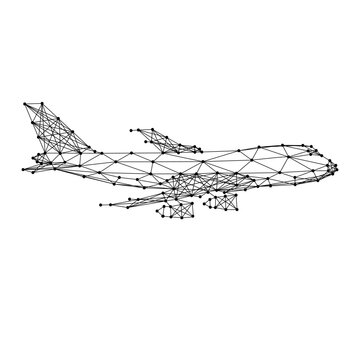 transport jet aircraft from abstract futuristic polygonal black lines and dots