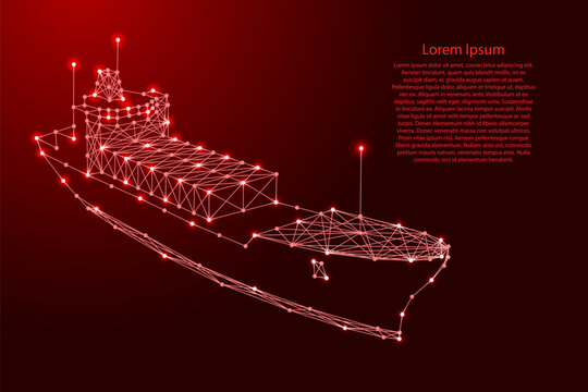 container ship from futuristic polygonal red lines and glowing stars for banner, poster, greeting card