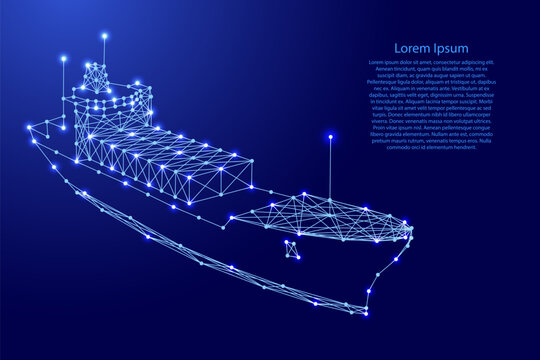container ship from futuristic polygonal blue lines and glowing stars for banner, poster, greeting card