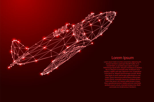 old fighter plane from futuristic polygonal red lines and glowing stars for banner, poster, greeting card