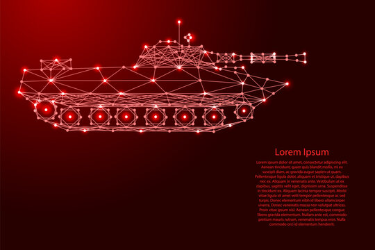 combat tracked tank from futuristic polygonal red lines and glowing stars for banner, poster, greeting card
